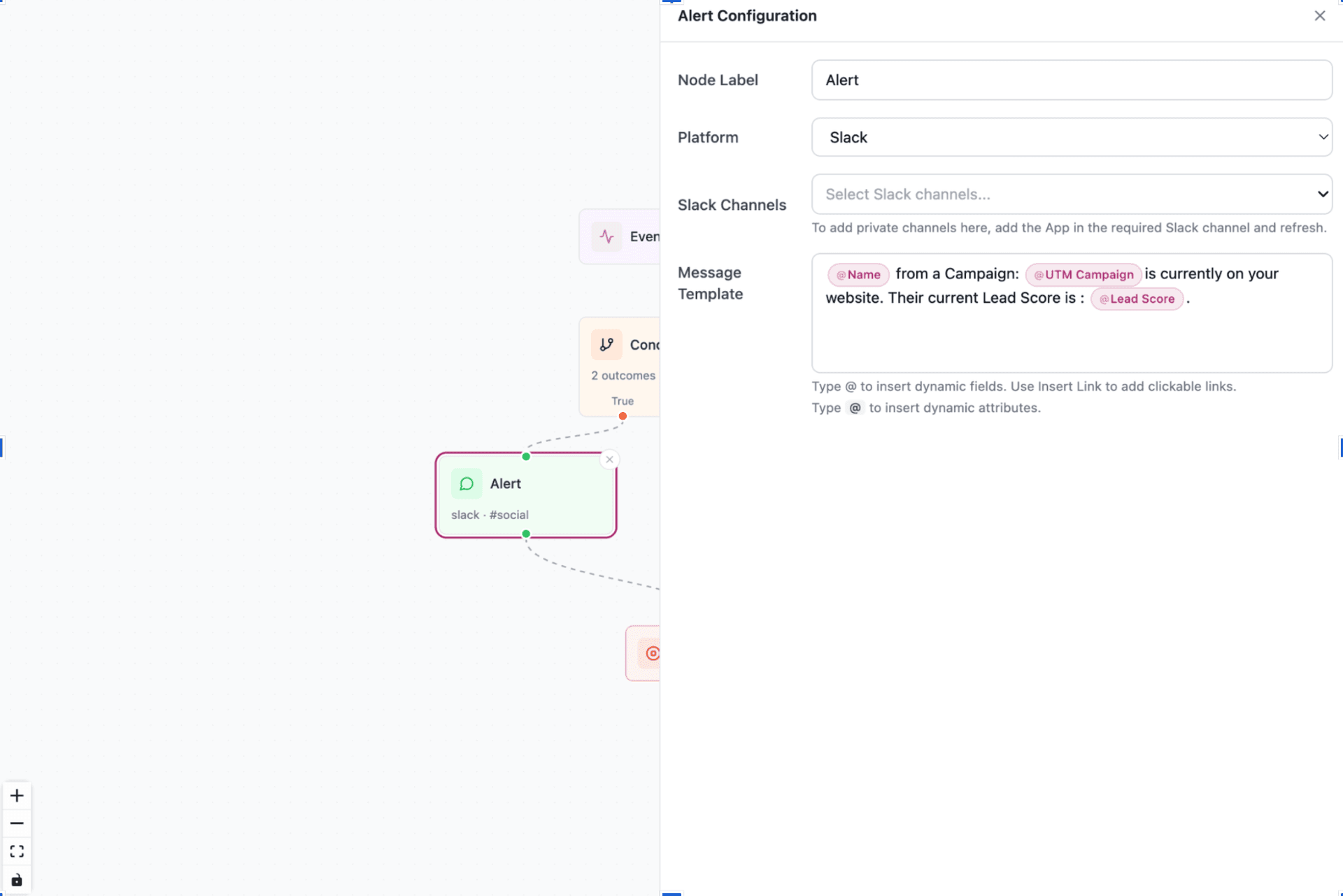 Workflow editor with Slack channel selector