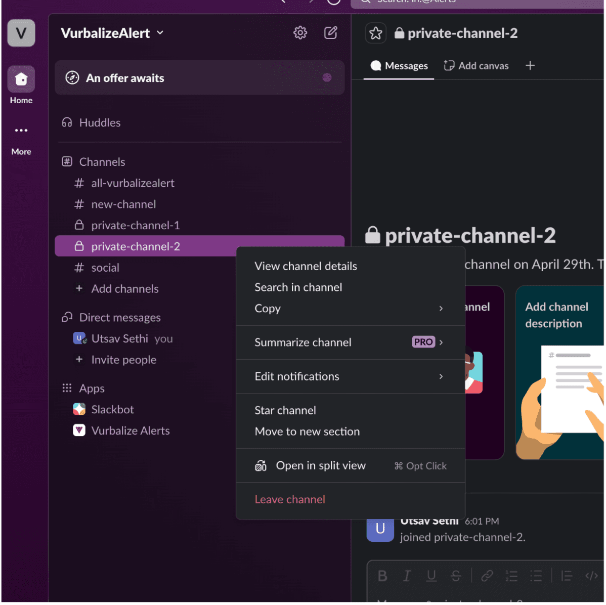 Right-clicking a private channel in Slack