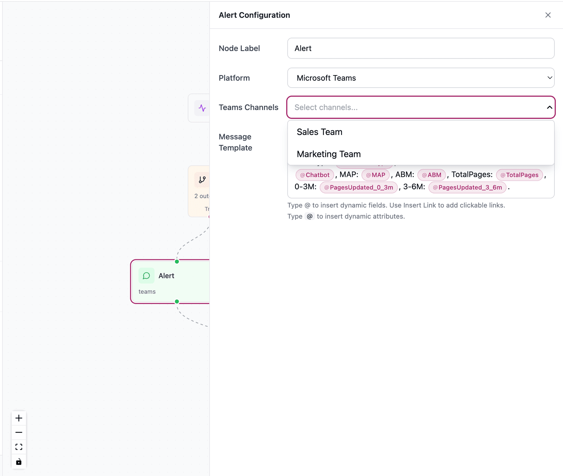 Workflow editor with Microsoft Teams channel selector